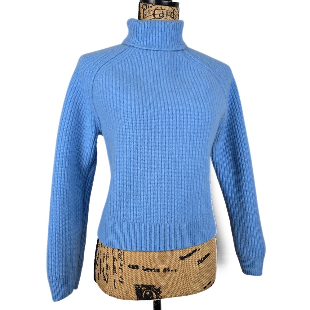 Jigsaw Women's 100% Wool Ribbed Turtleneck Sweater Size S. Crop Blue Minimalist